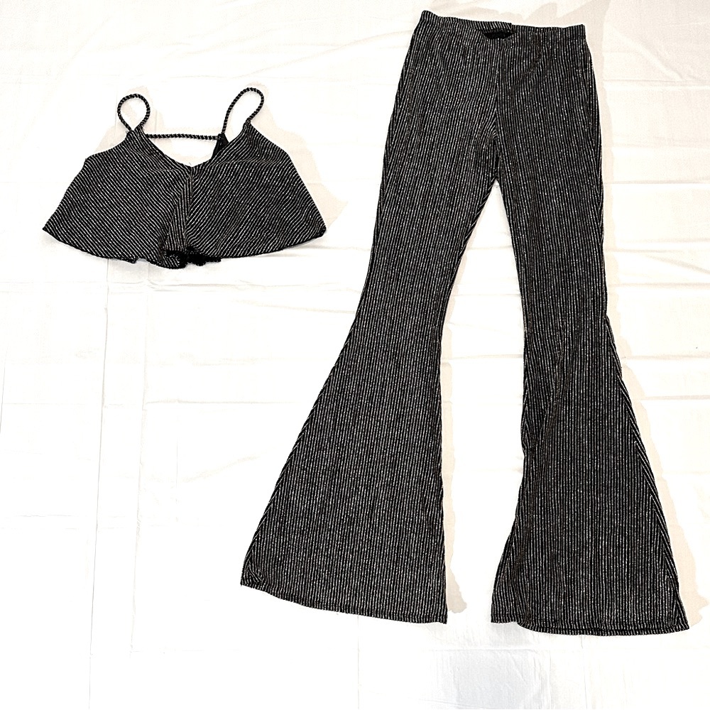 Fashion Nova Black Ribbed Flare Pants and Cropped Tank Set